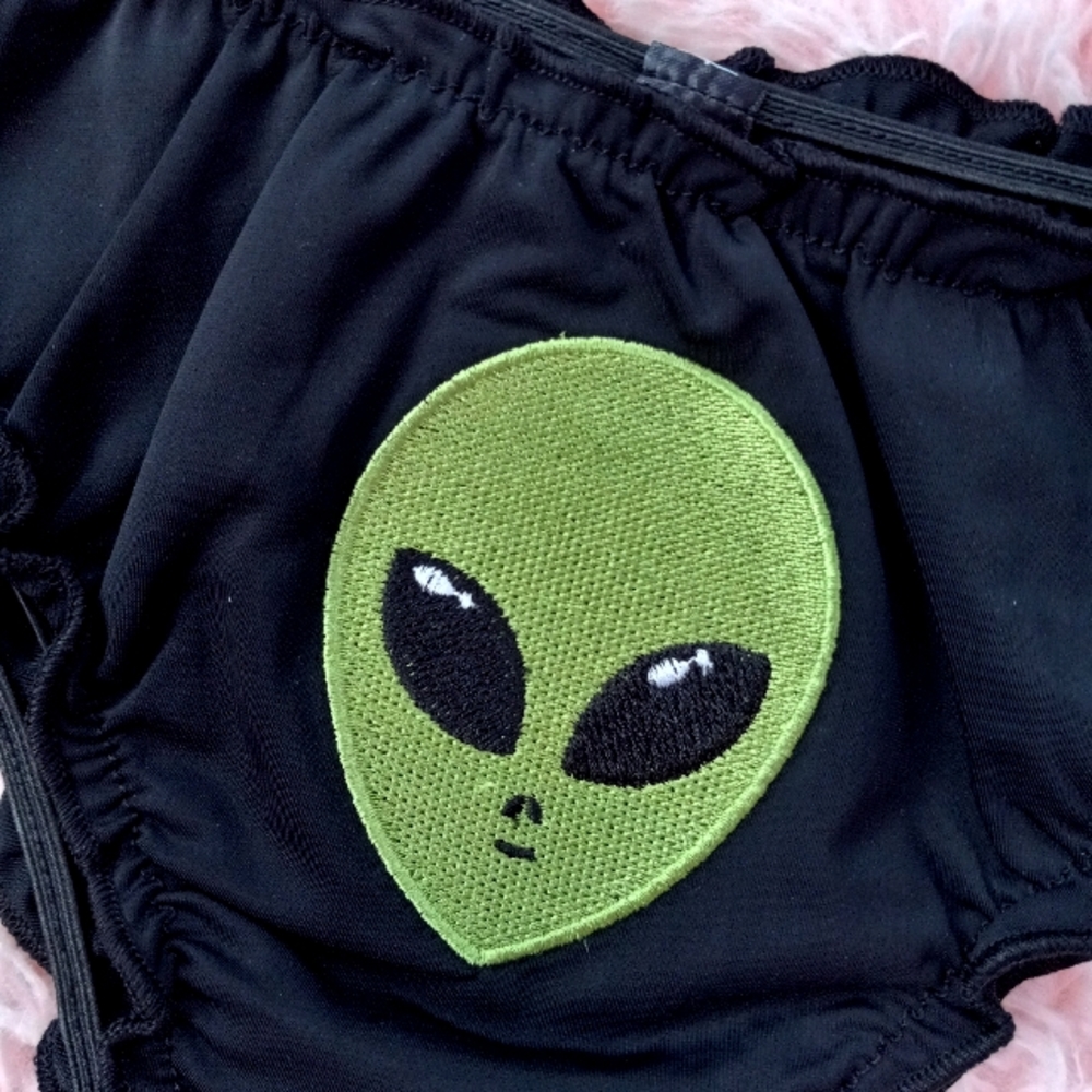 FINAL PRICE Dolls Kill Silky cheeky alien embroidered black ruffle edged panty! - Picture 3 of 9